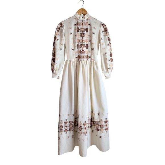 None Dresses & Skirts - Vintage 70s Handmade Maxi Dress Brown boho retro Border Print Puff Sleeve small